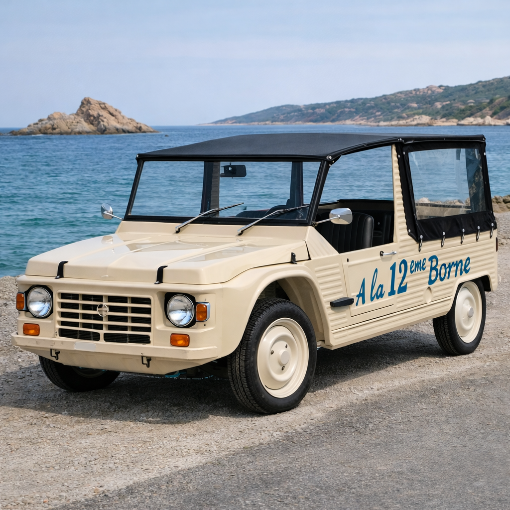 Orange vintage Citroën Méhari with black soft top near ocean